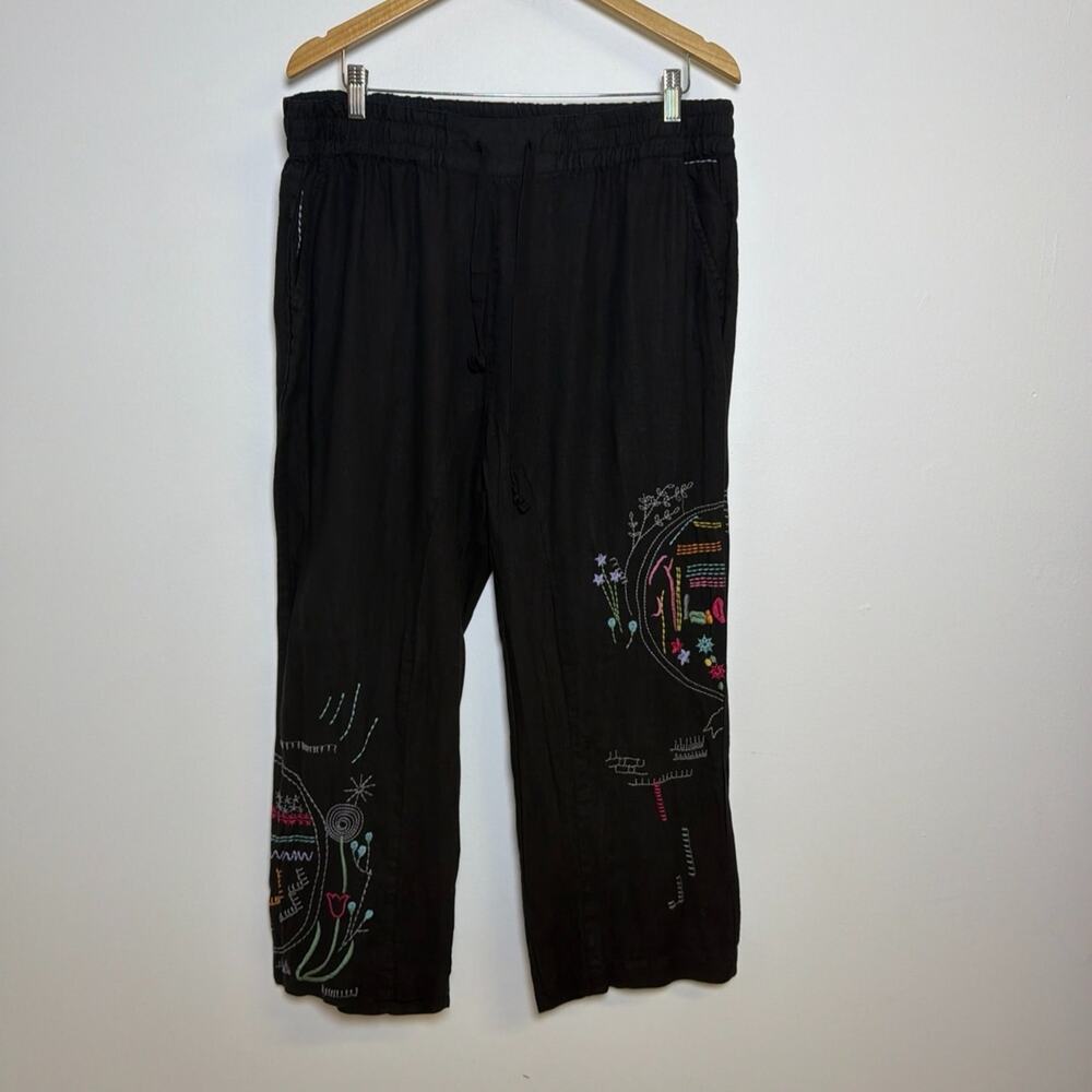Johnny Was Pete Greta Large Black Linen Wide Leg Embroidered Doodle Pants Size L